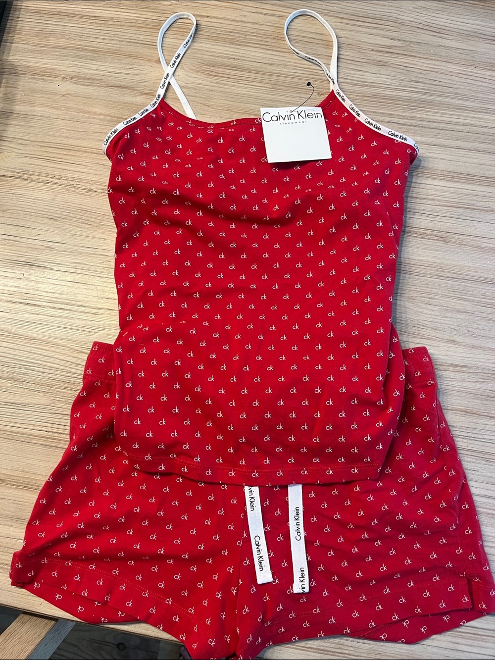 Calvin Klein Red Logo-Print Cami & Shorts Set with White Trim